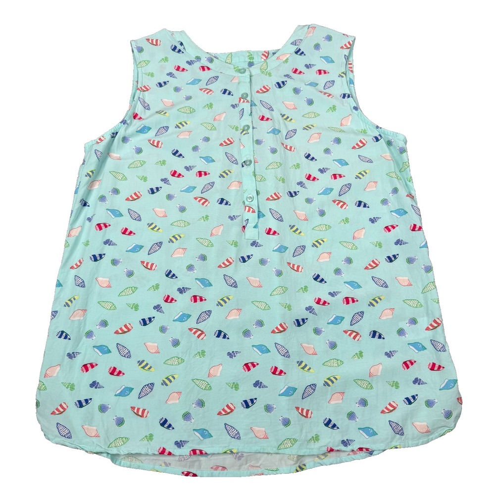 Talbots Petites Blouse Womens LP Aqua Seashell Print Sleeveless Coastal Beach